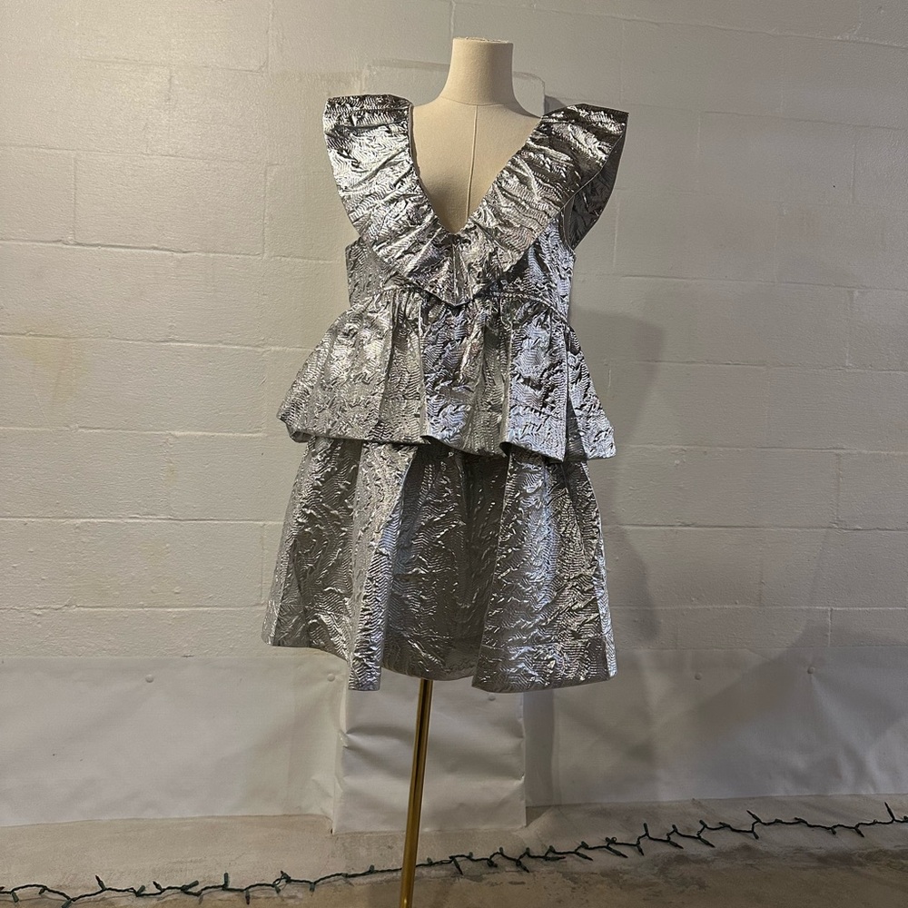Ganni Ruffled Silver Metallic Cloque Mini Dress